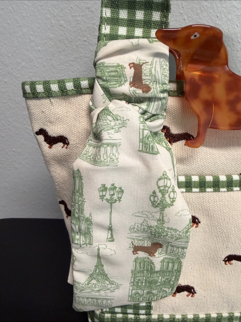 Madden Girl | Green Gingham Dachshund Canvas Tote | Wristlet, Bag Charms & More - Picture 4 of 15